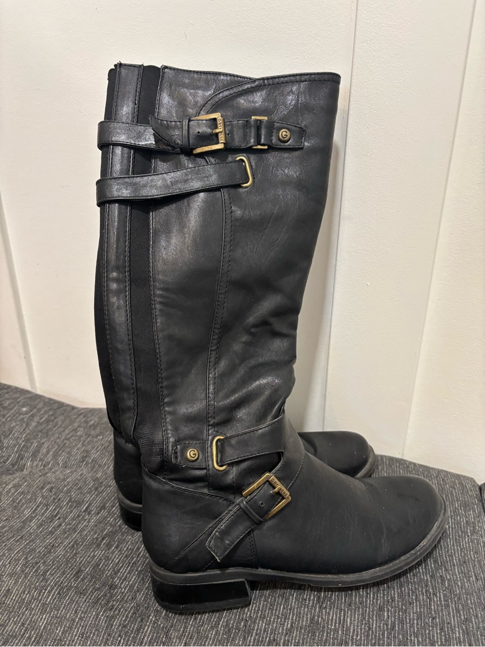 Guess Black Leather Knee-High Boots with Gold-Tone Buckles